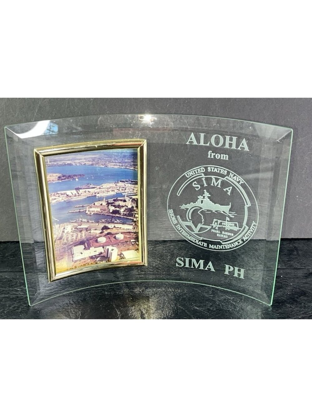 Pearl Harbor Photo Curved Glass Picture Frame Etched ALOHA US Navy SIMA GIFT